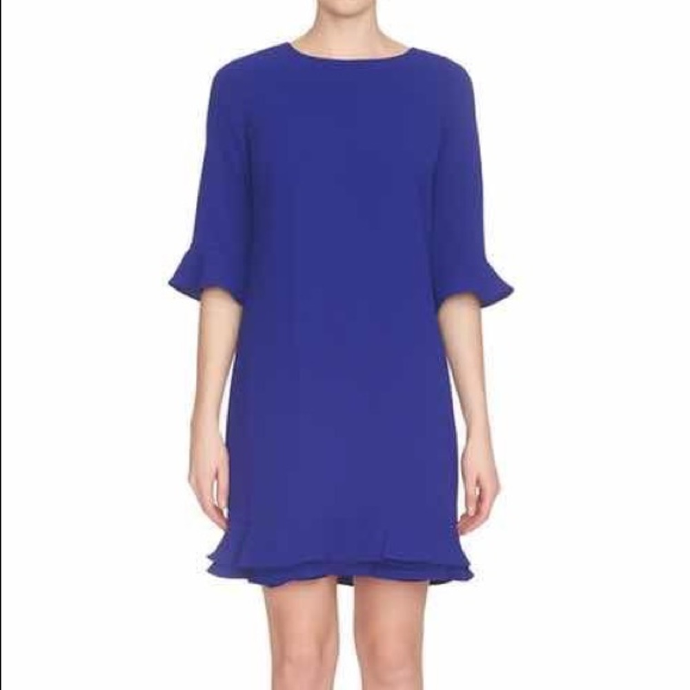CeCe Ruffle Hem Blue Shift Dress jewel neckline